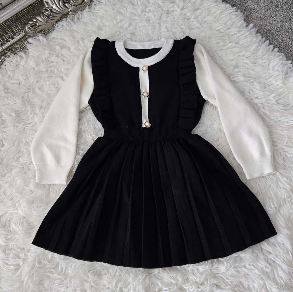 SHEIN Young Girl Two Tone Ruffle Trim Pleated Hem 2 In 1 Dress. Long Sleeve. Coq